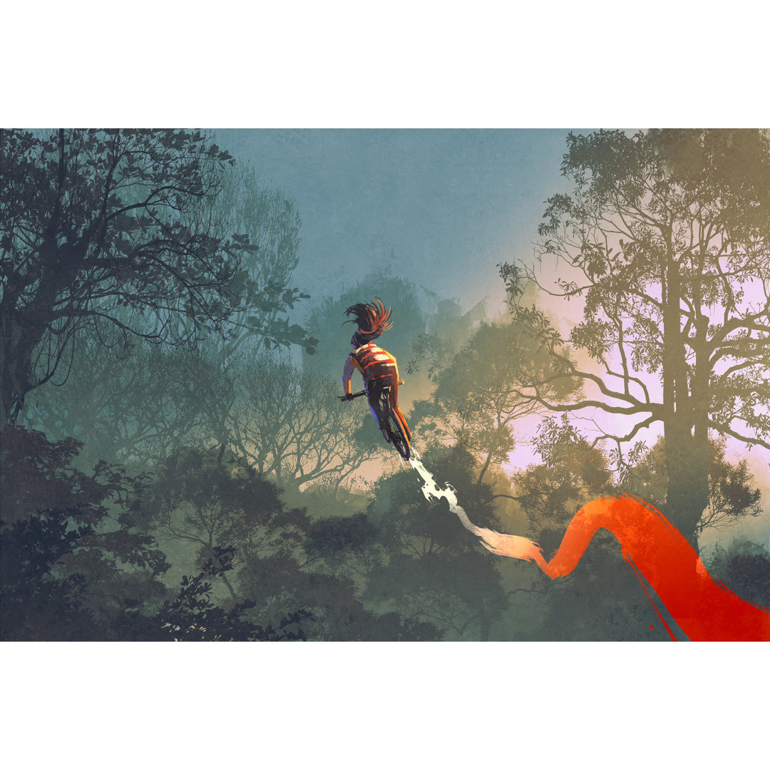 Cyclist Riding A Bike With Tire Track In The Air by Grandfailure - Wrapped Canvas Print