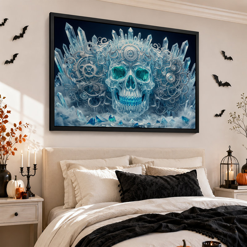 Art mural sur toile, crâne de cristal avec engrenages argentés et cristaux bleus, H 16 po x l 24 po