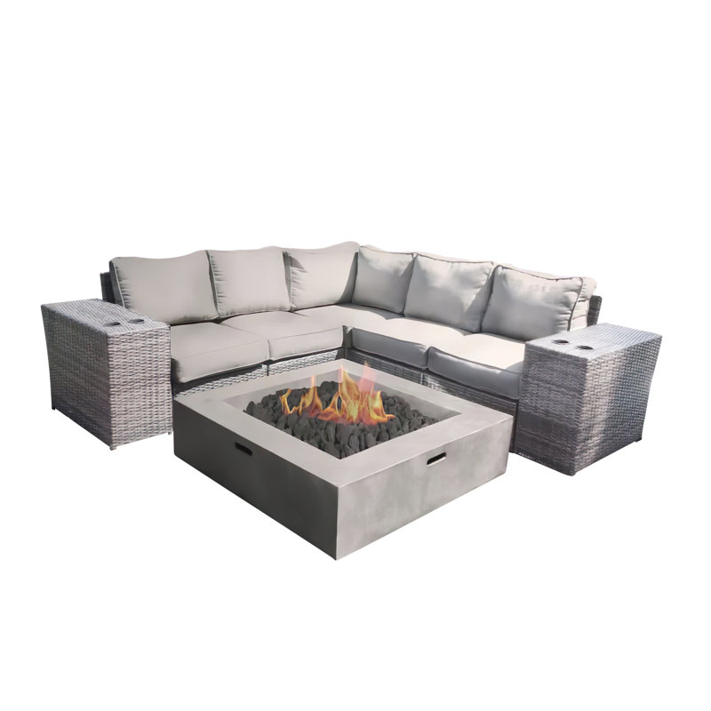Ensemble de conversation en osier pour 4 personnes avec coussins Crofoot, Mélange de gris