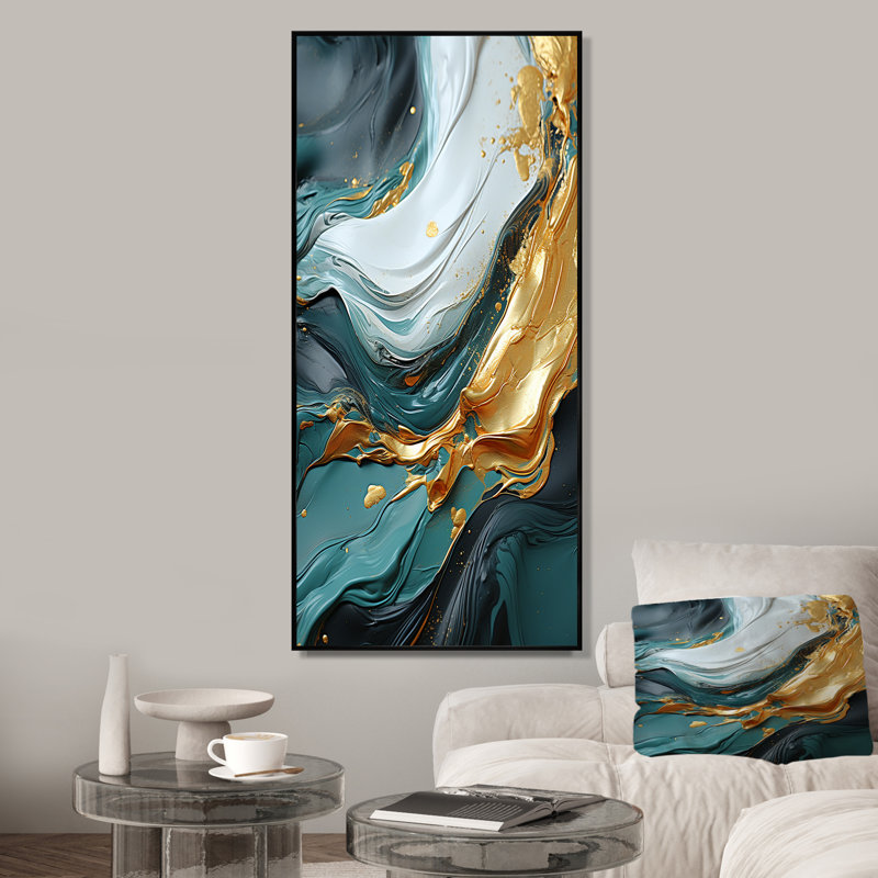 Or et vert cascade de marbre blanc IV - art mural abstrait, Cadre flottant noir, H 60 po x l 28 po x P 1,5 po