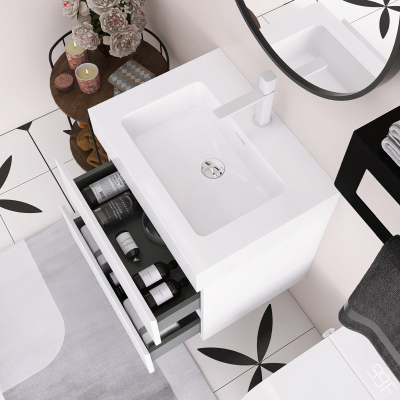 Meuble-lavabo mural 24 po avec lavabo, Blanc, Blanc