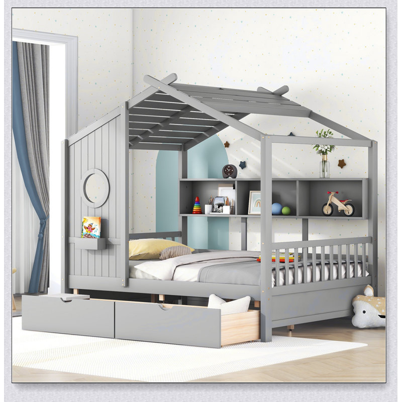 Lit double en bois avec 2 tiroirs et tablette de rangement, parfait pour jouer et dormir, White