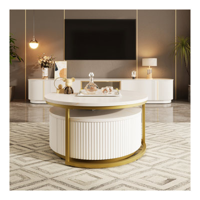 Table basse gigogne moderne cannelée avec tiroir en blanc et or 31,5 po Modern