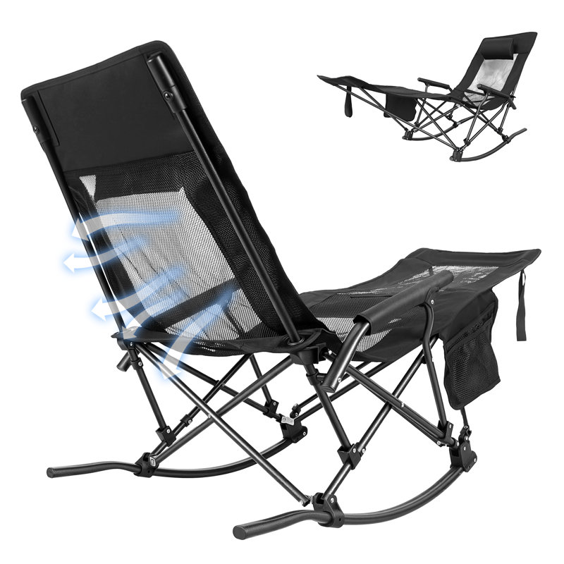 Outdoor Folding Rocking Chair With Headrest, Stable Steel Frame Supports 200 Lb, Quick Fold For Patio, Lawn & Rv Camping