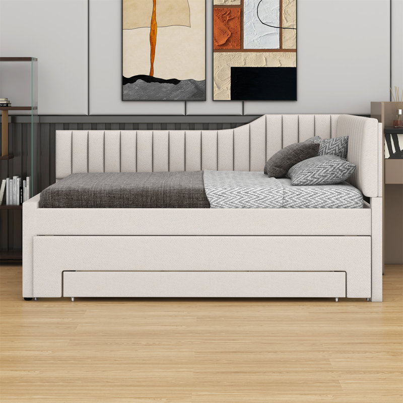Upholstered Daybed With Trundle And Three Drawers, Beige, Full