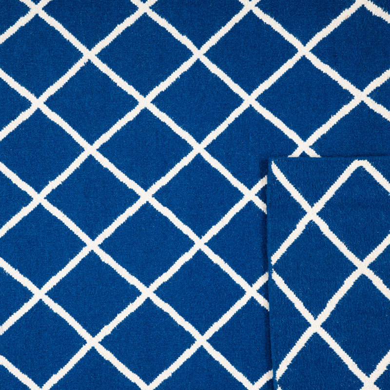 Emek Hand Woven Flat Weave Wool/Cotton Geometric Rug in Beige/Dark Blue, Square 6'