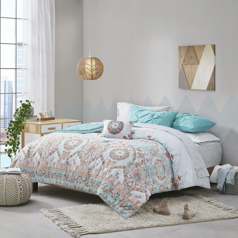 Twin Aqua and Orange Microfiber Boho Bed in a Bag Set
