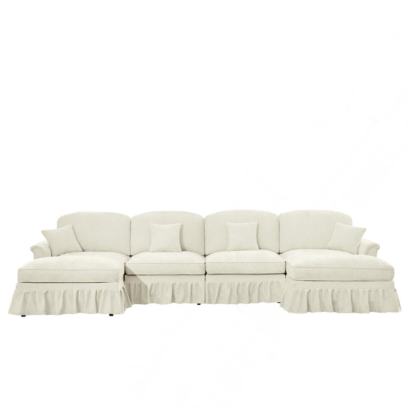 Canapé modulaire classique en U en chenille 4 places avec accoudoirs évasés, jupe à volants et repose-pieds mobile - beige classique