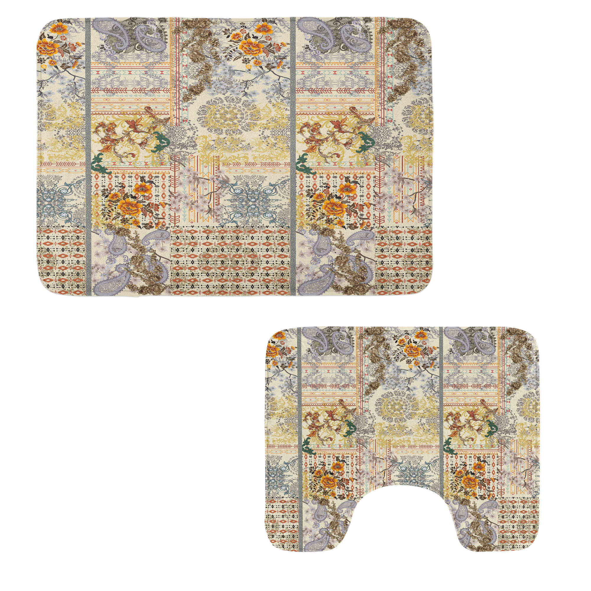 Dakota Fields Vintage Bathroom Rug Set 2 Pieces Rectangle & Contour Mats Ivory and Multicolor ...