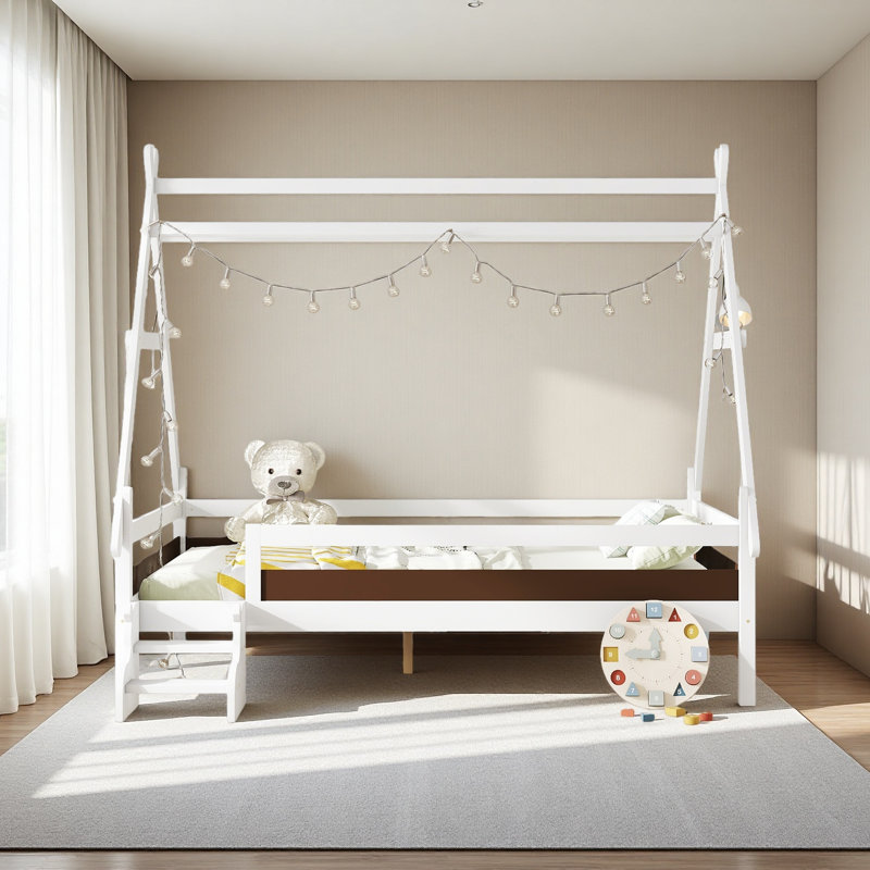 Lit plateforme House avec escalier, structure de lit en bois massif, profil bas et conception amusante pour enfants, Blanc
