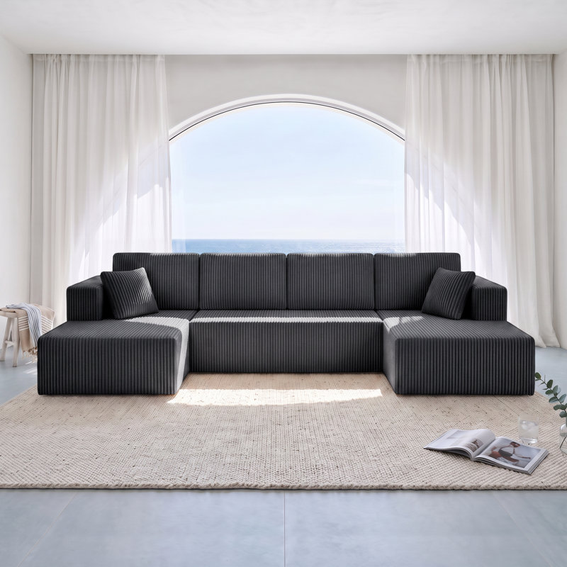 Canapé modulaire en forme de U 130 po, méridienne double en velours côtelé gris foncé avec coussins décoratifs, Gris
