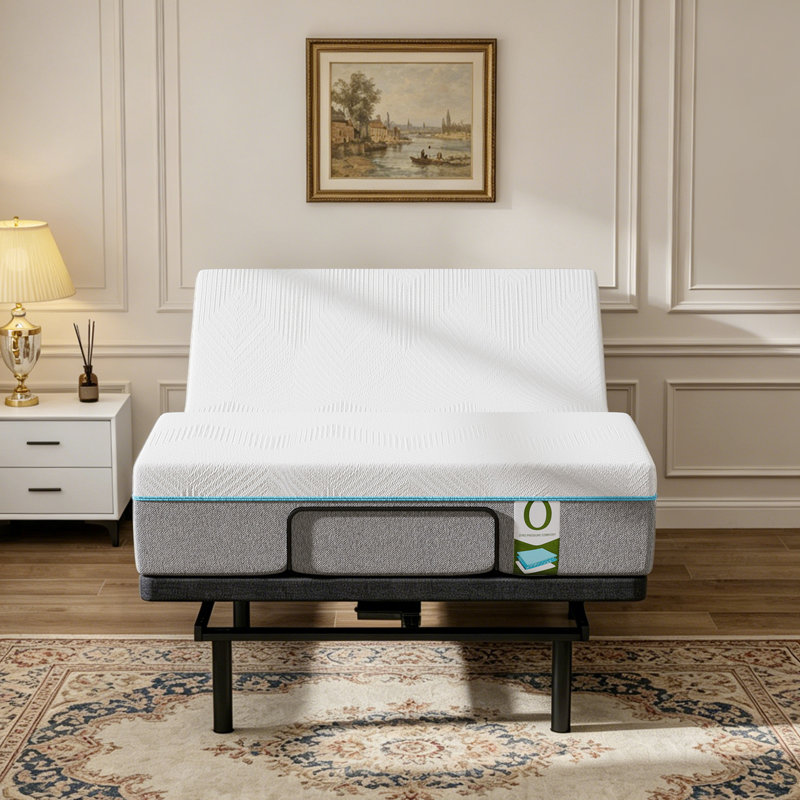 Ensemble de lit réglable Cyrielle + matelas en mousse viscoélastique imprégnée de gel rafraîchissant de 12 po - lit électrique à gravité zéro avec télécommande sans fil, inclinaison de la tête / du pied, lumière DEL, ferme moyenne sans fibre de verre