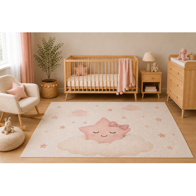 "Ultra Lightweight" 5'x7' Pink Sleeping Star Nursery Area Rug, Cute Cloud Celestial Baby Girl Bedroom Playroom Decor, Non-Slip Silicone Backing Low Pile Carpet