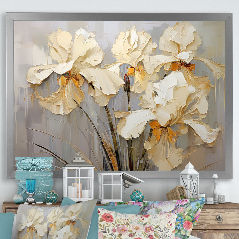 Golden Serenade of Irises sur toile, Cadre simple argenté, H 16 po x l 32 po x P 1 po
