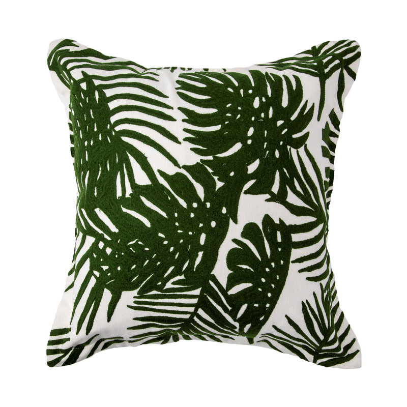Green Tropical Palm Leaf Embroidered Pillow Cover 20"