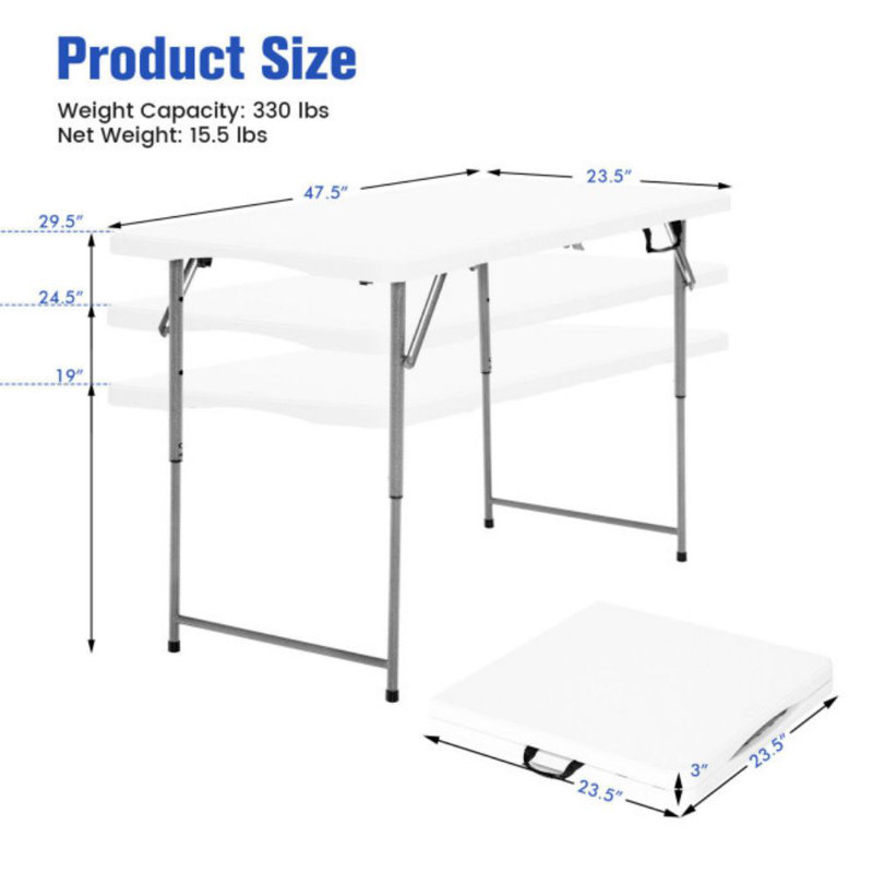 Table pliante rectangulaire réglable en plastique 47,5 po