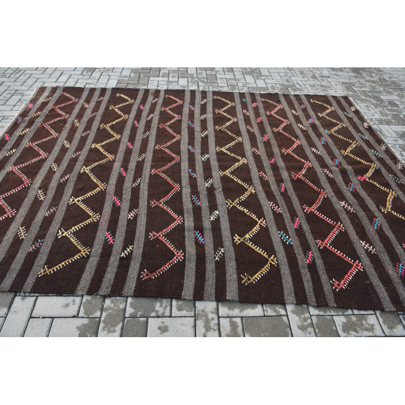 Tapis kilim turc tissé à la main avec un motif géométrique de style bohémien en laine rétro