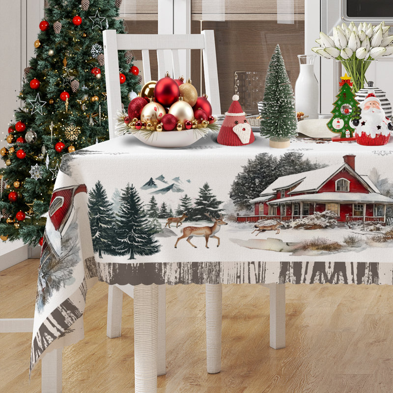 1pc round/rectangular polyester tablecloth, Christmas tablecloth with pine, snowman, truck, embosed edge, Christmas decorations for dining table, festival party holiday table decoration, perfect festival gift