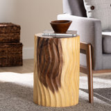 Bali & Pari Fuchsia Hand-Carved Suar Wood Side Table – Round Sculptural Accent Table With Wave Design