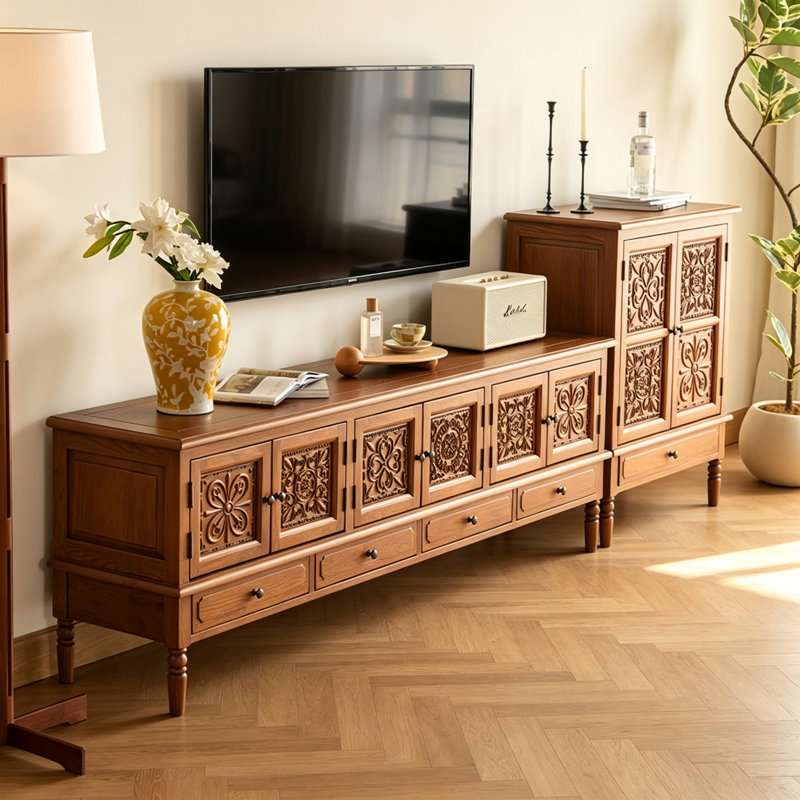 Retro Carved Rectangular Solid Wood TV Stand, Dark Walnut Color