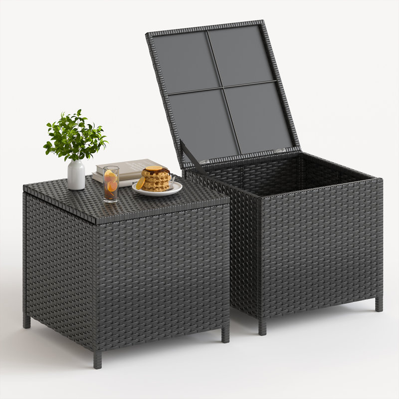  Alexandia Outdoor Square Rattan Wicker Side Table With Storage, Black