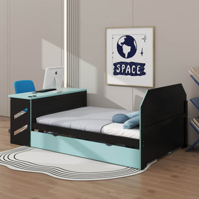 Lit de jour double en bois - Comprend un lit gigogne simple, un bureau et des stations de recharge USB