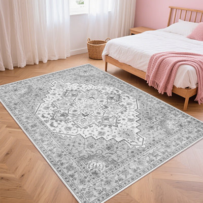 Bohemian Area Rug for Living Room 5x7, Low Pile Throw Rugs with Rubber Backing, Performance Rug for Bedroom, Dining Room, Modern Rug for Home Decor, Washable Indoor Outdoor Rugs, Ideal For High Traffic Areas, Grey