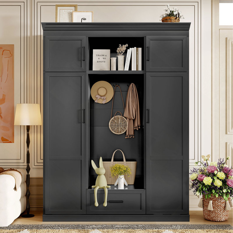 Arbre d'entrée 85,2 po avec banc et 3 crochets, armoire de rangement moderne avec 4 portes, 1 tiroir et tablettes réglables pour le couloir, le vestibule et le salon