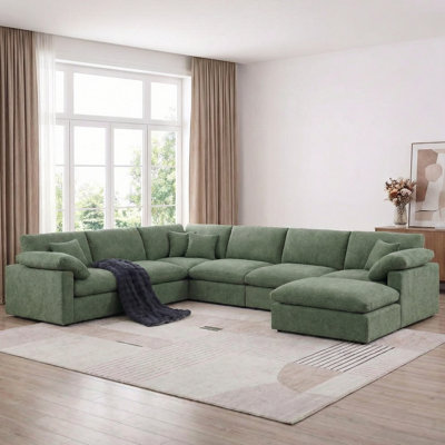 144" Chenille Sectional Corner Sofa 7 Pieces Oversized Comfy Modular Reversible Couch With Upholstered Movable Ottoman