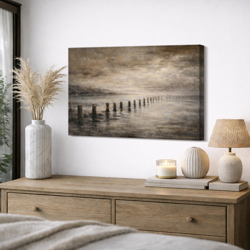 «Moody Coastal Pier», œuvre d'art sur toile encadrée, impression sur toile, H 16 po x l 24 po, Toile tendue