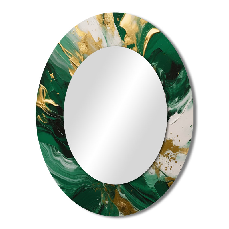 Vert et or Serene Cascade II - Grand miroir mural ovale sur métal, 43 po x 33 po