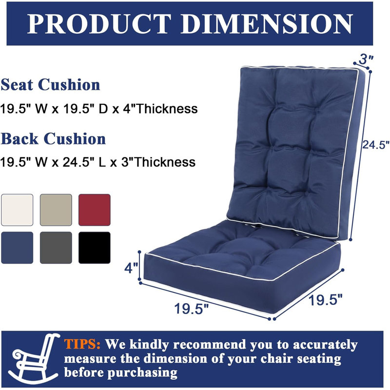 Rocking Chair Cushions, 19.5" W x 19.5" D, Blue