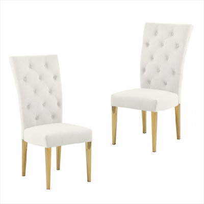Velvet Upholstered Dining Side Chairs Set of 2, Beige Finish with Gold Metal Legs, Tufted Back, Modern Kitchen Seating