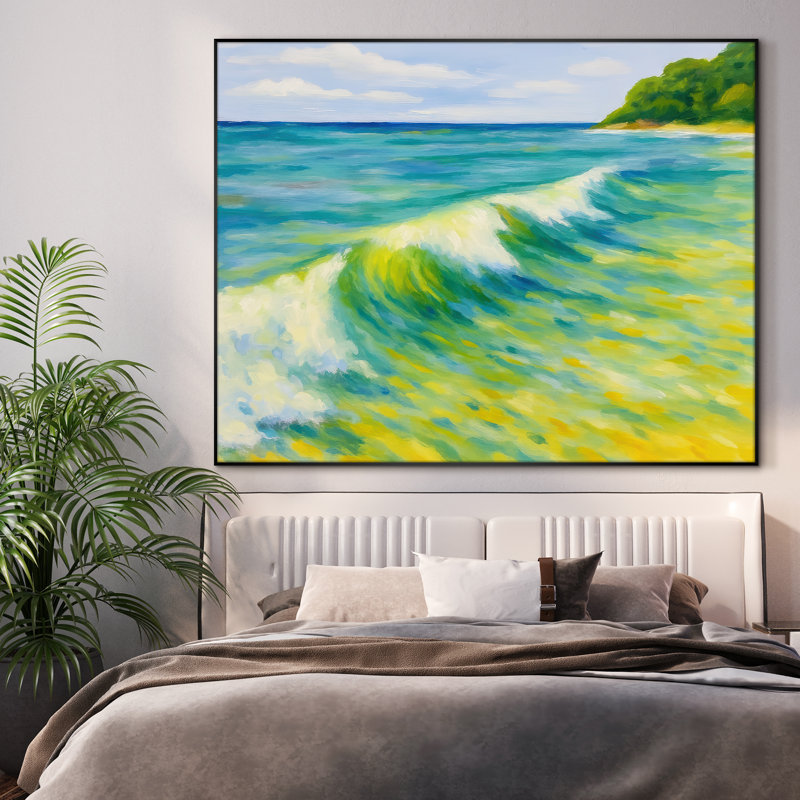 Très grande plage, art mural - impression de paysage de mer coloré pour salon côtier moderne, très grande impression murale encadrée (assemblage requis)