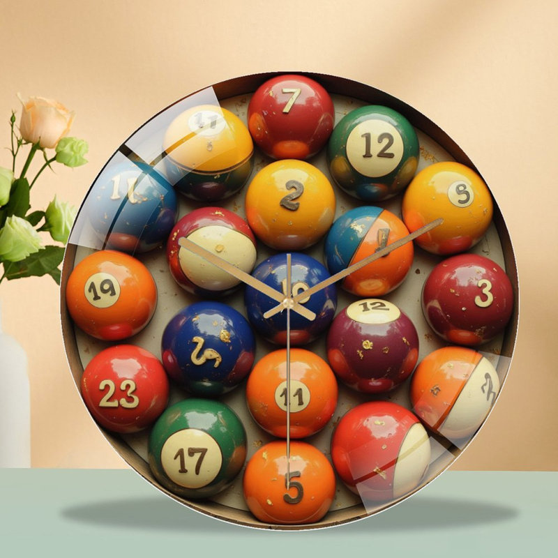Vintage Billiard Balls Set for Pool Games Fun Art - 12'' Modern Glass Wall Clock