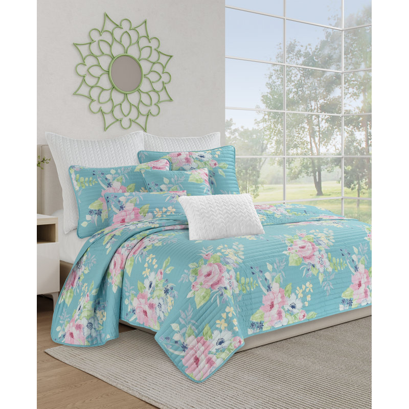 Aqua Floral Microfiber Full Quilt Set