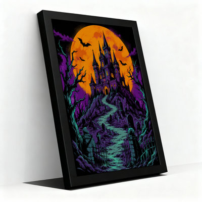 Art gothique sur toile, château gothique et cimetière sous la lune orange