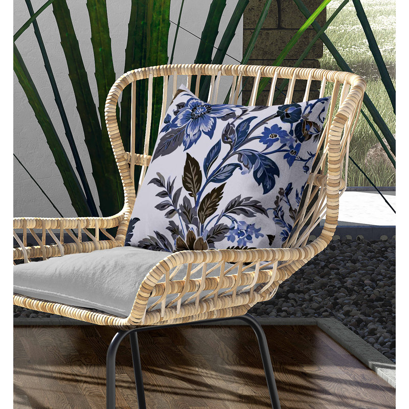 Coussin intérieur / extérieur Cobalt Meadow, Bleu/brun, Carré 16 po