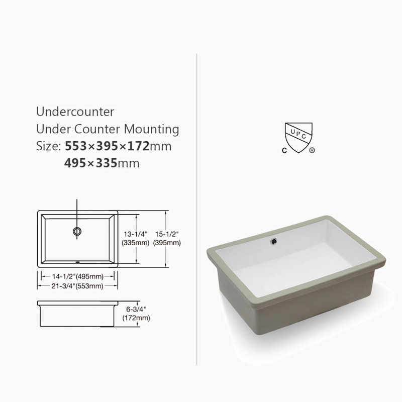 Lavabo de salle de bain rectangulaire encastré en céramique blanche avec trop-plein 15,5 po Hewei