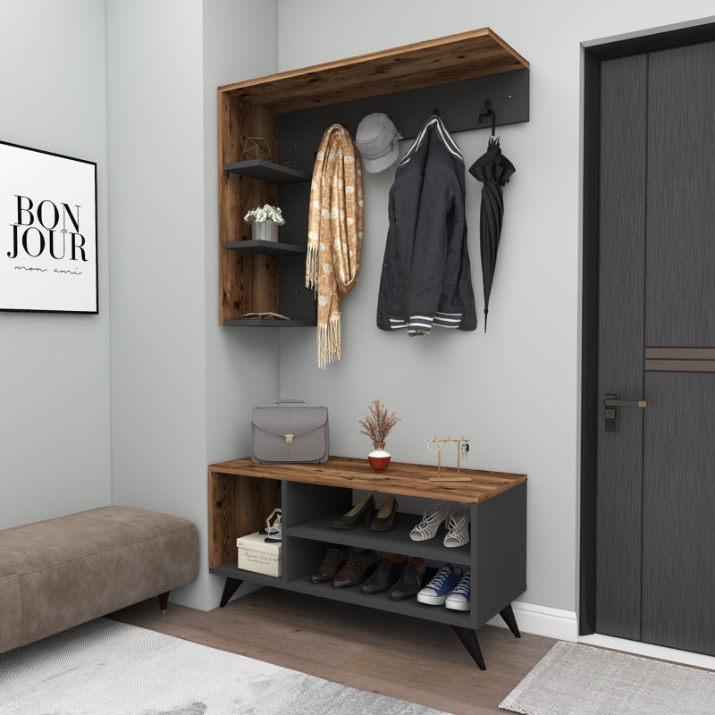 Hall Tree with Bench and Shoe Storage, Light Walnut & Anthracite