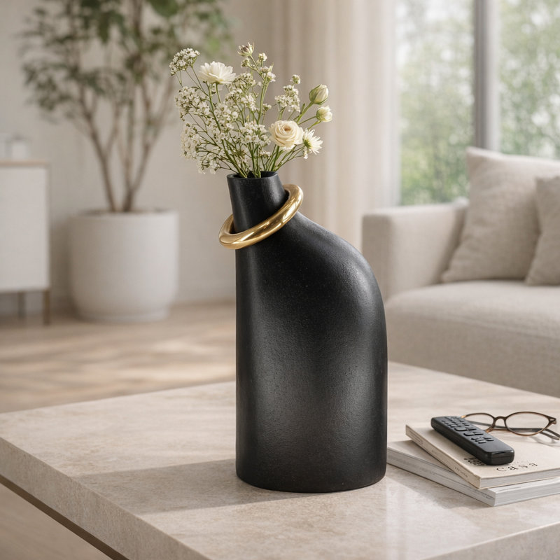 Grand vase noir avec anneau Rouen, H 18 po x l 10 po x P 10 po