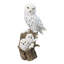 Figurine familiale représentant une chouette harfang des neiges et ses deux petits sur une souche d'arbre enneigée