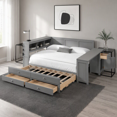 Daybed with Storage Shelves, Drawers, Trundle, Bed Frame with Charging Station, LED Light
