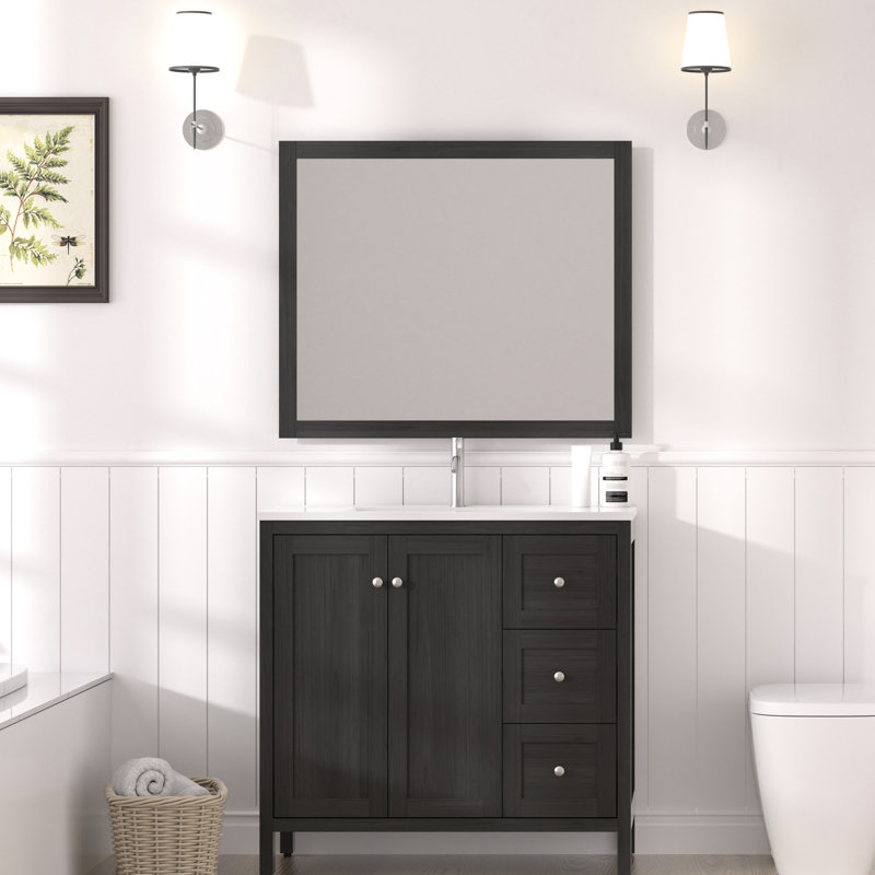 Meuble-lavabo de 35,5 po, finition noire, lavabo en résine, 3 tiroirs, portes à fermeture douce, conception éclaboussure, matériau en contreplaqué, structure à usage quotidien, longue durée