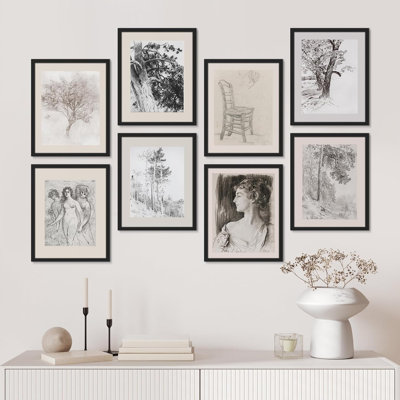 Arbre de forêt naturelle, portrait de femme, croquis rétro, 8 pièces