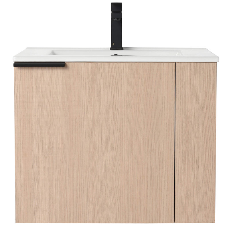 Meuble-lavabo moderne 24 po avec lavabo en céramique blanche Ebern Designs Elmridge - tablettes ouvertes à droite