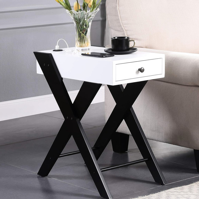 Table rectangulaire blanche et noire avec station d'alimentation, Kd, 1 tiroir, pieds, fabrication, largeur 22 po, profondeur 13, hauteur accent 24