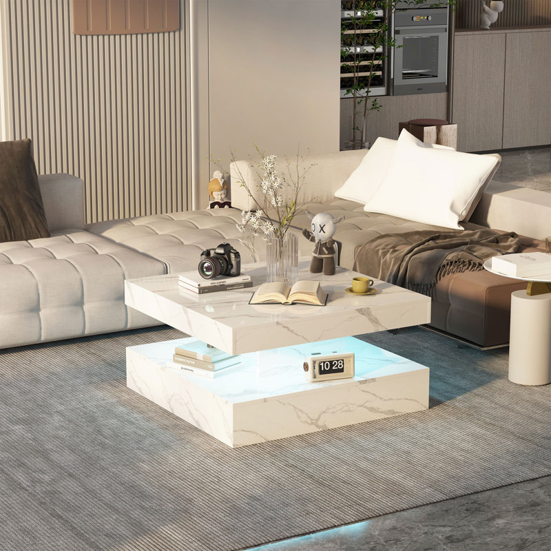 Charvez Solid Coffee Table with 16 Colors LED Lights, 78 x 78 cm, 40cm H x 78cm W x 78cm D, White Marble