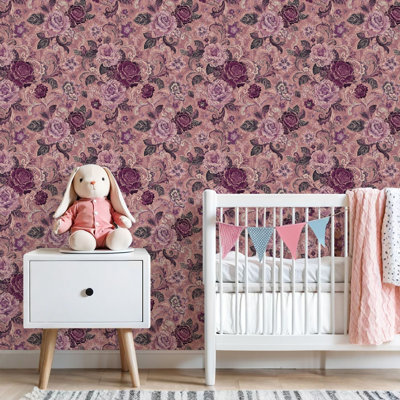 Décoration murale adhésive auto-adhésive amovible en papier à motif de roses mauves à motif floral rétro pour les armoires de cuisine de chambre à coucher 24 po x 118 po