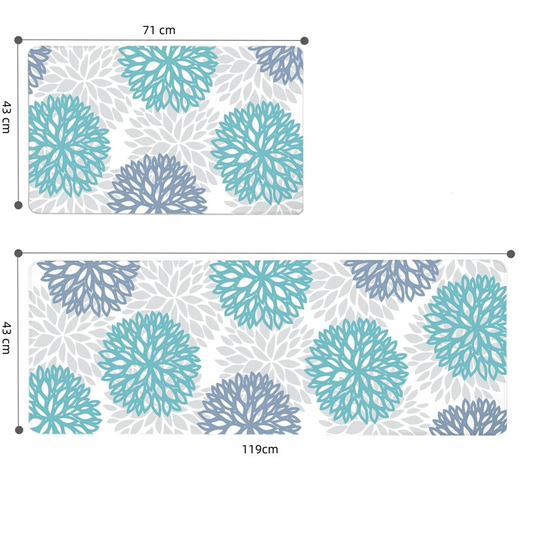 Floral Non-Skid Kitchen Mat, Blue/White